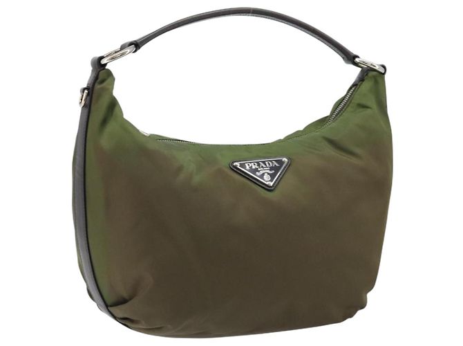 PRADA Shoulder Bag Nylon Silver Khaki Auth ki6511 Silvery
