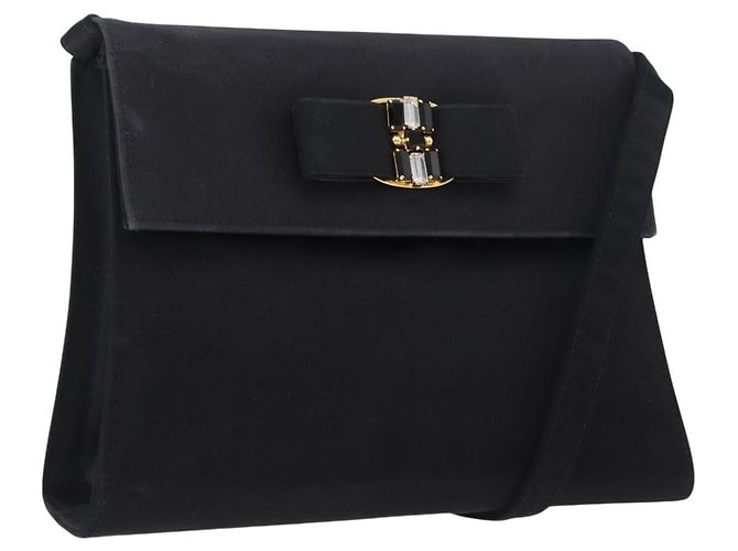 Bolso de Hombro Salvatore Ferragamo Vala Satén Negro Oro Auth BA11117 Dorado