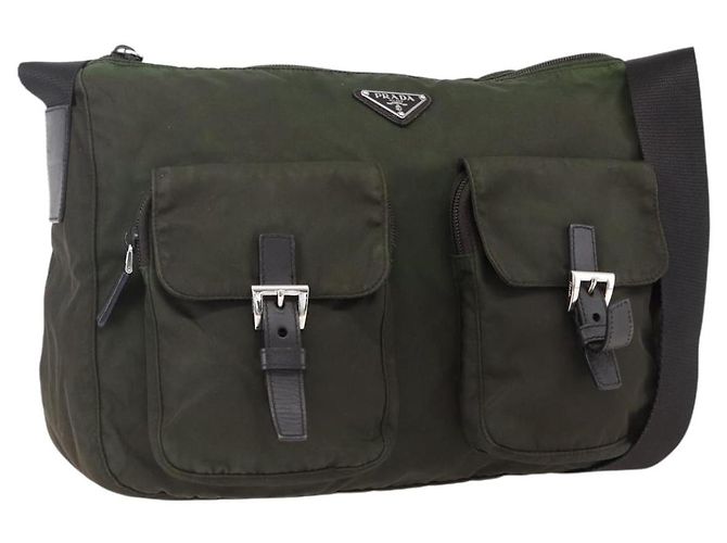 PRADA Schultertasche Nylon Khaki Silber Authentisch mr2000