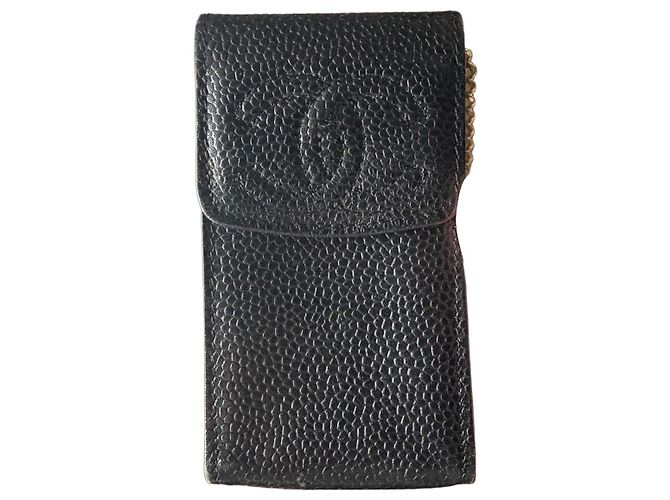 Chanel Black Caviar Leather CC Logo Card Holder with Chain