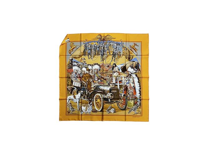 Lenço de seda Hermès 'Concours d'Elegance' Marrom Branco Vermelho Azul Cinza Amarelo Gold hardware