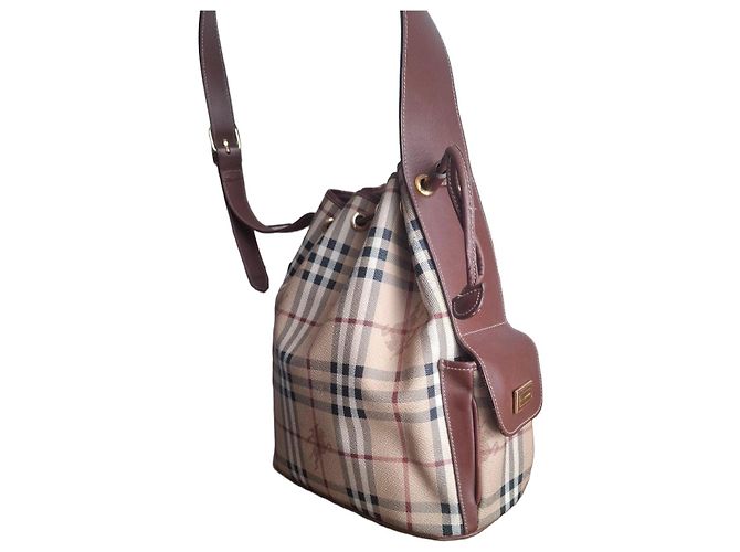 Borsa a secchiello Burberry Nova Check in pelle e tela Marrone Beige