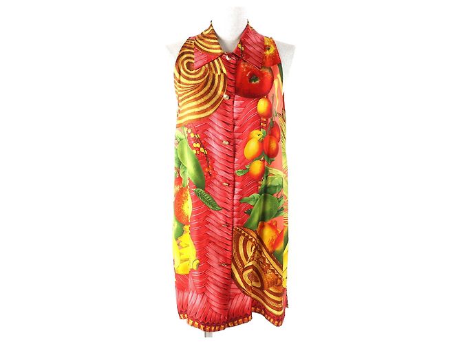 Camisa sem mangas de seda com estampa de frutas e logo Gucci Tom Ford Vermelho Multicor