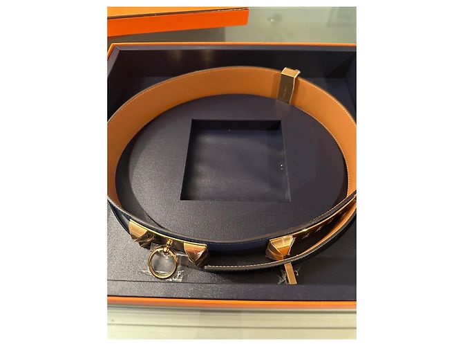 Hermès blue leather belt with gold hardware