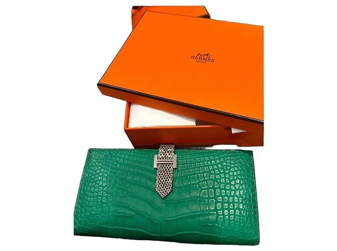 Hermès Bearn Soufflet Geldbörse aus exotischem Leder Grün