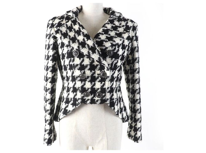 Timeless Chanel COCO Mark Button Tweed Wool Blend Jacket Black White