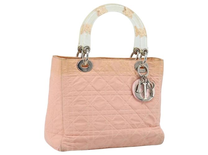 Christian Dior Borsa Lady Dior in nylon rosa argento Auth 173001