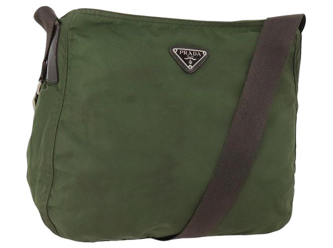 PRADA Shoulder Bag Nylon Khaki Silver Auth bs33303 Silvery