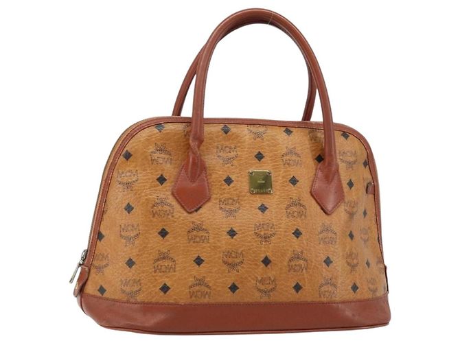MCM Vicetos Logogram Bolsa de Mão PVC Couro Marrom Dourado Auth gh1798