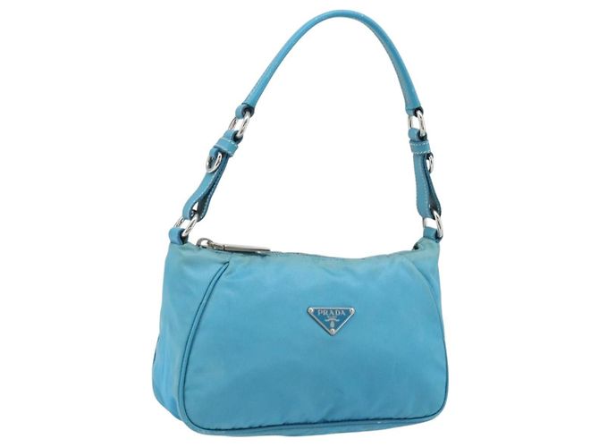 PRADA Schultertasche Nylon Hellblau Silber Auth LNZ298