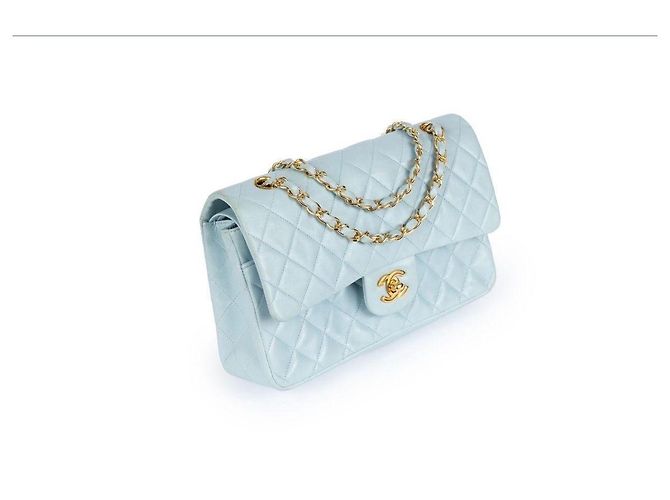 Bolsa de ombro Chanel Timeless flap duplo azul céu couro de cordeiro