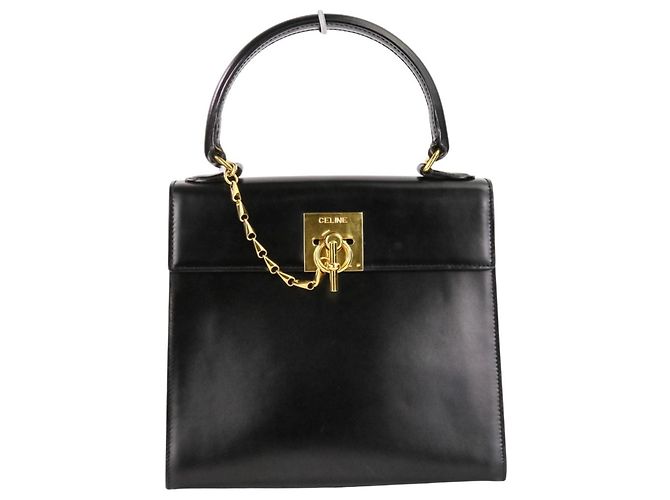 Céline Celine Leather Chain Lock Handbag Black