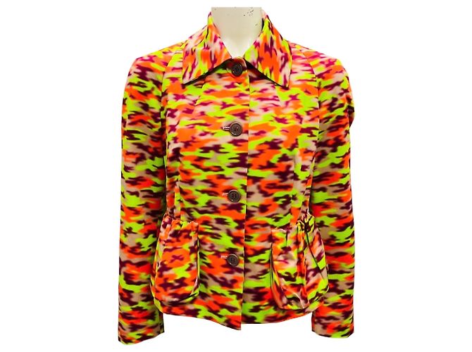 Dries Van Noten Lime Green / Burgundy / Orange Multi Printed Button Front Cotton Jacket Multiple colors