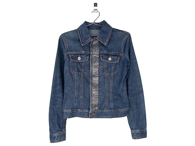 Dolce & Gabbana 2000s Rhinestone Denim Trucker Jacket Blue