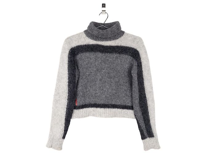 Prada 2000s Red Tab Geometric Fuzzy Knit Turtleneck Sweater Grey