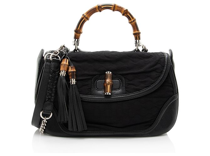 Bamboo Grande bolsa de couro neoprene com relevo GG da Gucci com tassel de bambu Preto