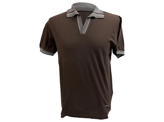 Polo de manga corta en algodón marrón con acentos a rayas Etro Castaño Roja