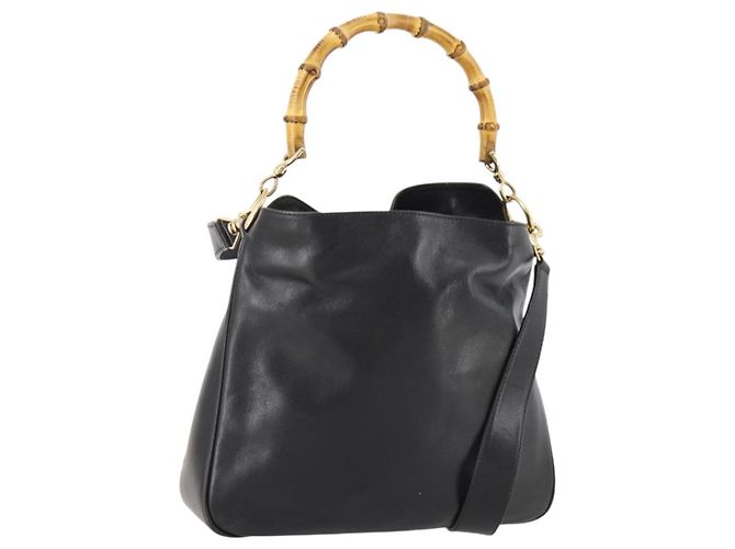 Bolso de mano de cuero Gucci Bamboo 2way Negro Oro 001 1705 1638 Auth bs33593 Dorado