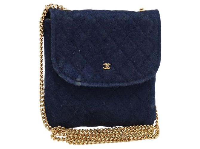 Pochette Chaîne CHANEL Coton Marine Or CC Auth bs33731 Doré Bleu Marine