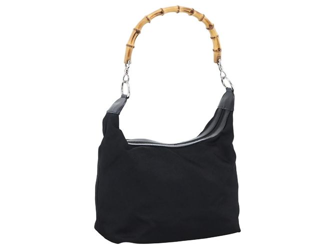 Borsa a mano in nylon nero e argento Gucci Bamboo Auth hk3536
