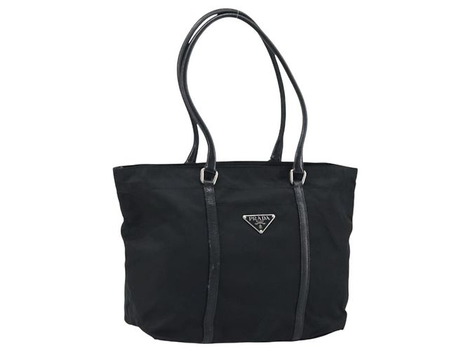 Bolsa Tote Prada em nylon preto prata Auth BA10973