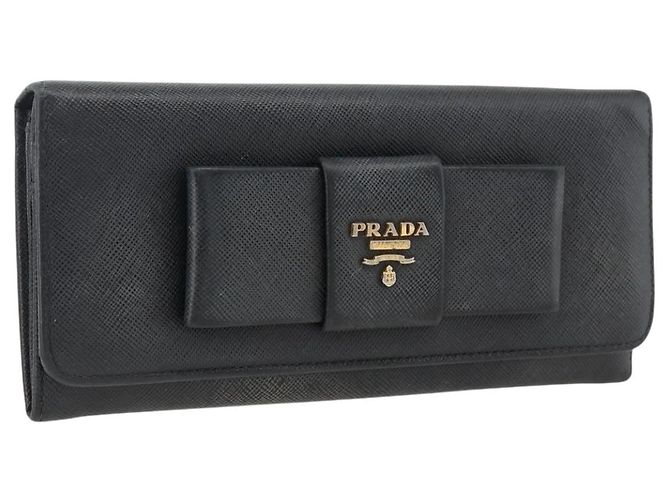 Saffiano PRADA Long Wallet Safiano leather Black Gold Auth bs33777 Golden
