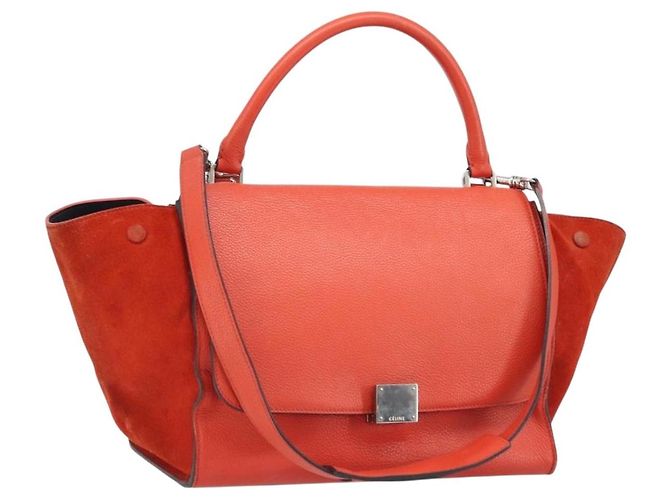 Céline Bolsa de mão Trapeze em couro 2 em 1 vermelho prata Auth BA11130