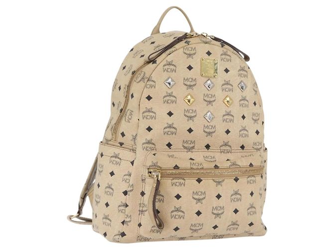 MCM Logogram Vicetos Backpack PVC Leather Beige Gold Silver Auth BA11136 Silvery Golden