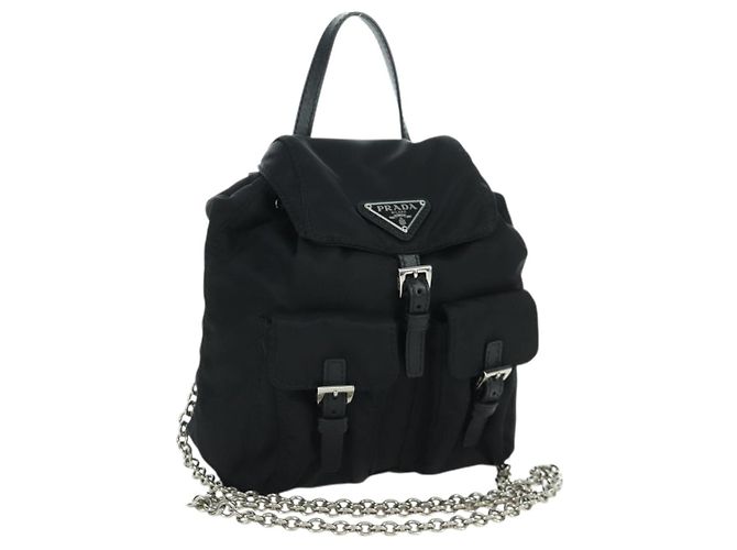 PRADA Borsa a Spalla con Catena Nylon Nero Argento Auth 171449M