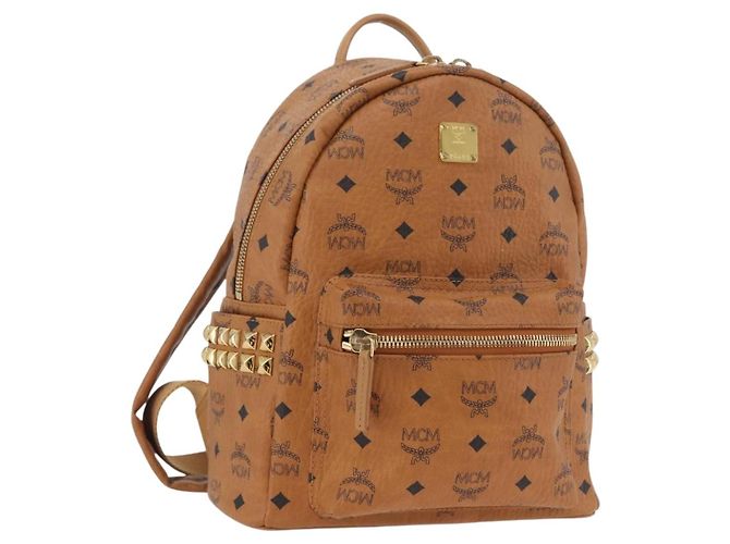 MCM Vicetos Mochila Logogram em couro PVC marrom dourado Auth BA11051
