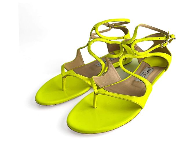Jimmy Choo Lance Lackleder Flache Sandalen 40 Gelb