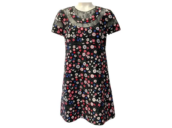 Valentino Garavani Abito nero multicolore floreale Valentino con inserti in pizzo