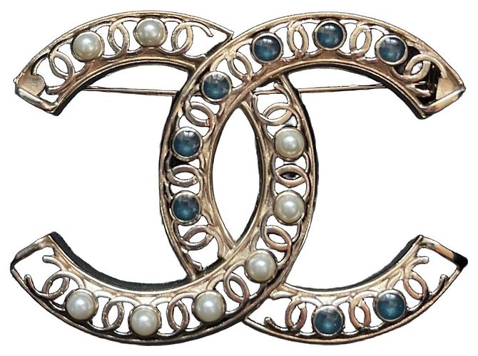 Chanel CC Brosche Champagnergold mit Türkis Perlen Gold hardware