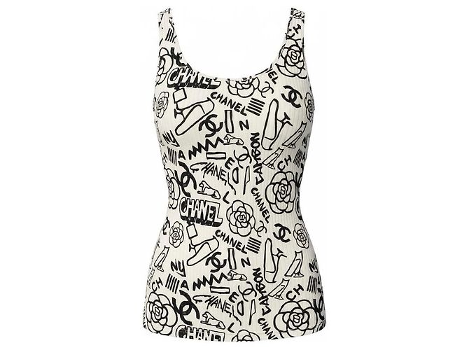 Chanel 19A Paris-New York Ägypten Graffiti Tanktop Bluse FR 36 Schwarz Weiß