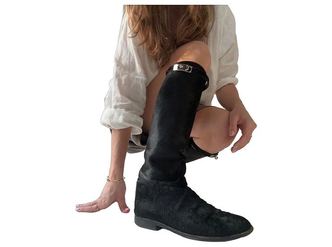 Botas altas de pelo de pônei preto Hermès com hardware em paládio
