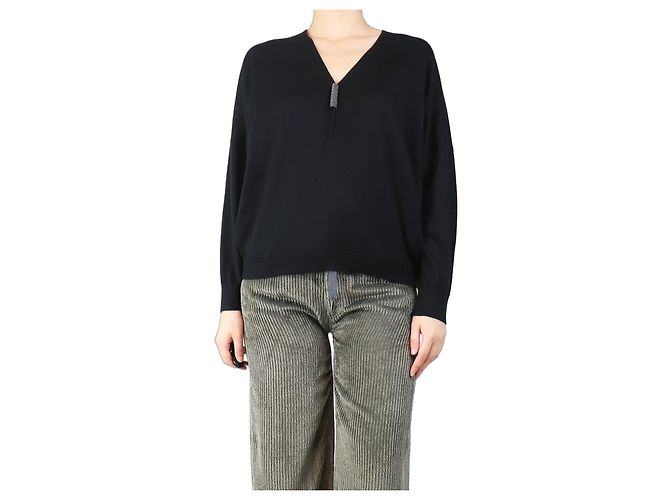 Brunello Cucinelli Navy Monili V-Ausschnitt Pullover - Größe UK 10 Marineblau