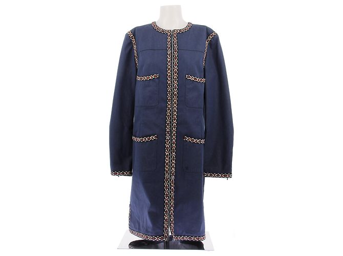 Chanel Chaqueta larga de denim con bordados de algodón Azul