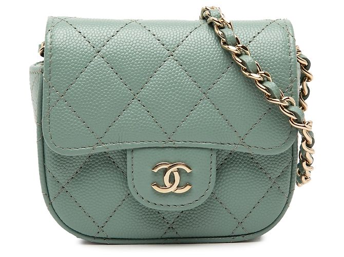 Chanel Grünes Micro Mini Klassisches Kaviar Einfaches Klappdesign