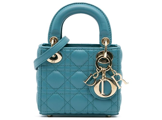 Dior Bleu Micro Cuir d'Agneau Cannage Lady Dior Turquoise