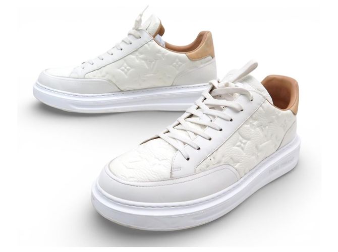 LOUIS VUITTON BEVERLY HILLS MONOGRAM EMPREINTE LEATHER SNEAKERS 10 44.5 Cream