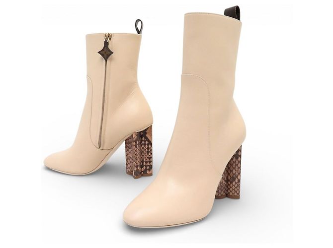 NEUF CHAUSSURES LOUIS VUITTON BOTTINES SILHOUETTE 37 TALONS PYTHON BOOTS Écru