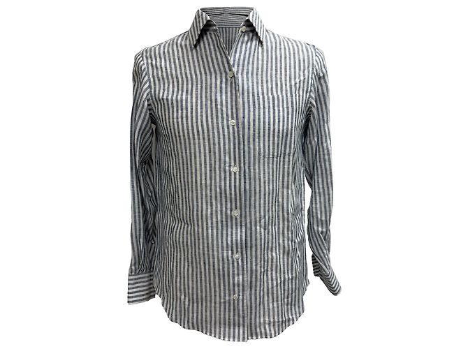 Camicia a righe con bottoni Loro Piana in lino blu navy