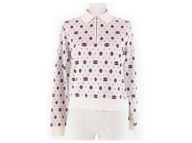 Timeless Chanel COCO Mark Seidenstrickpullover mit Halbzipper Weiß