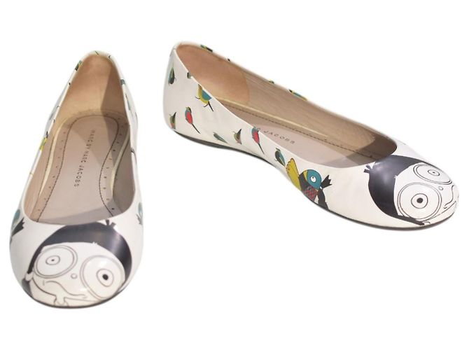 Sapatilhas de balé com estampa de pássaro Marc by Marc Jacobs em couro branco para mulheres EU 36 US 6 Multicor