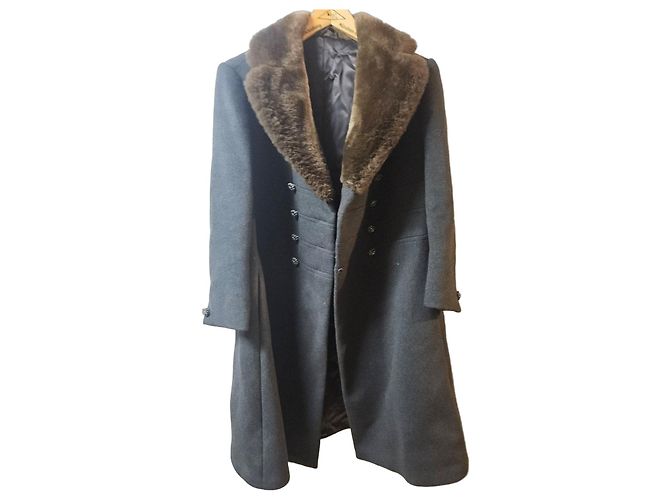 Autre Marque Abrigo de lana gris oscuro con cuello de piel Castaño Gris antracita
