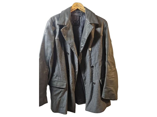 Calvin Klein Wool Coat with Leather Trim Black Grey