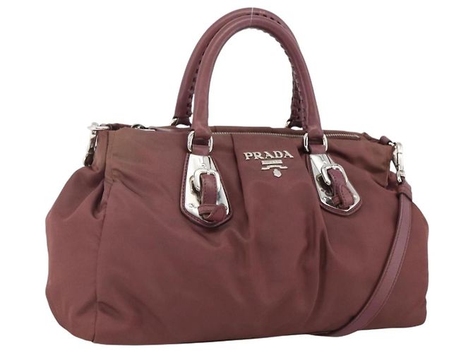 PRADA Handtasche Nylon 2-Wege Bordeaux Silber Auth BSZ102A