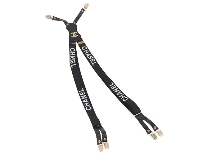 CHANEL Suspensórios de lona preta CC Auth 173409V Preto
