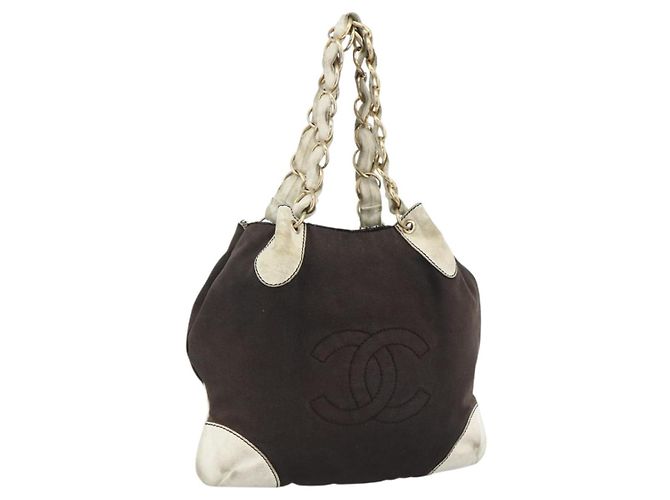 CHANEL COCO Bolsa de Ombro com Corrente em Lona Preta Dourada CC Auth BA10872 Preto Dourado