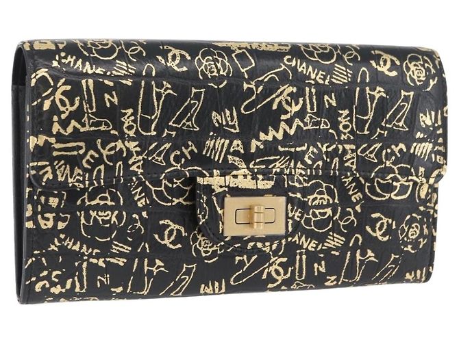 CHANEL 2.55 Cartera Larga Croco Grabada Negra Dorada CC Auth 172450SAV Negro Dorado